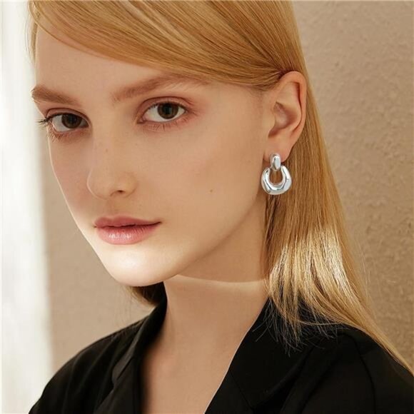 Unique Silver Drop Earrings | Modern Door Knocker Statement Studs - Picture 3 of 5